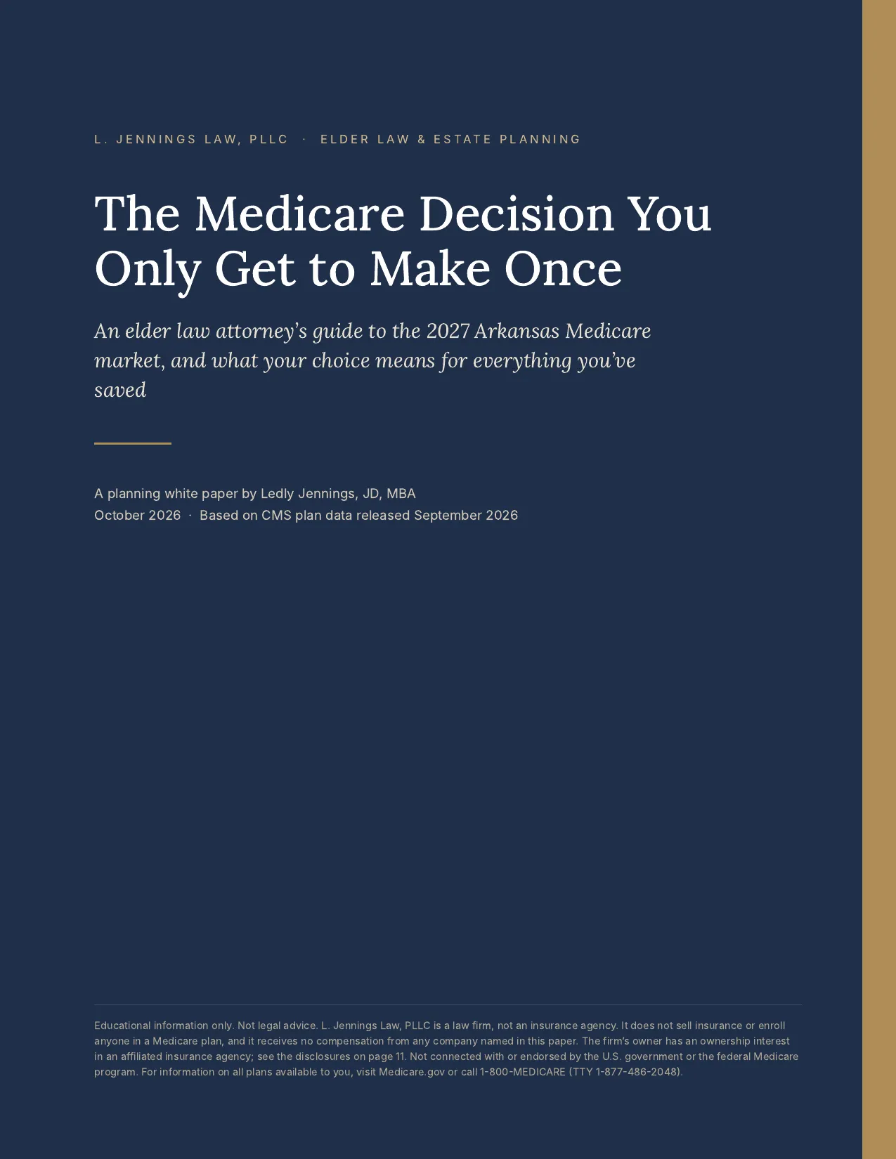 Cover page of a Medicare planning white paper by L. Jennings Law, navy blue and gold colors.