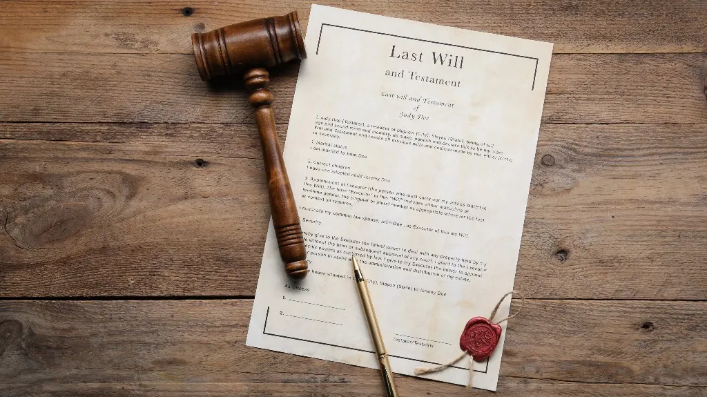 Wooden gavel, pen, and sealed last will and testament document on wooden surface.