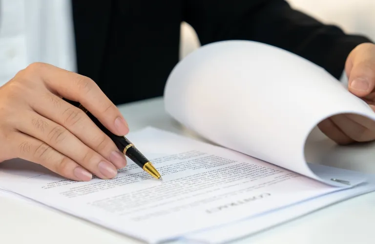 Close-up of hands reviewing and signing a contract document with a black and gold pen.