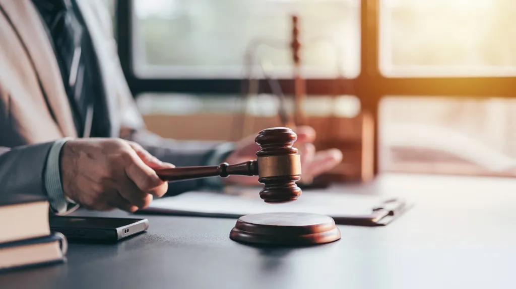 Person in business attire holding a wooden judge's gavel over a sound block.