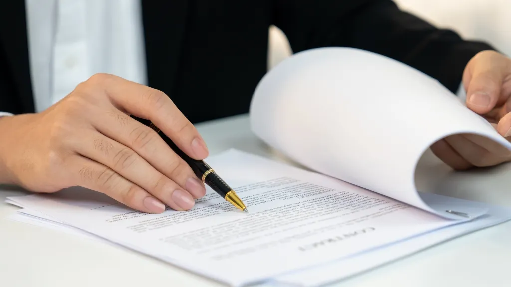 Person in a black suit reviewing and pointing at a contract document with a pen.